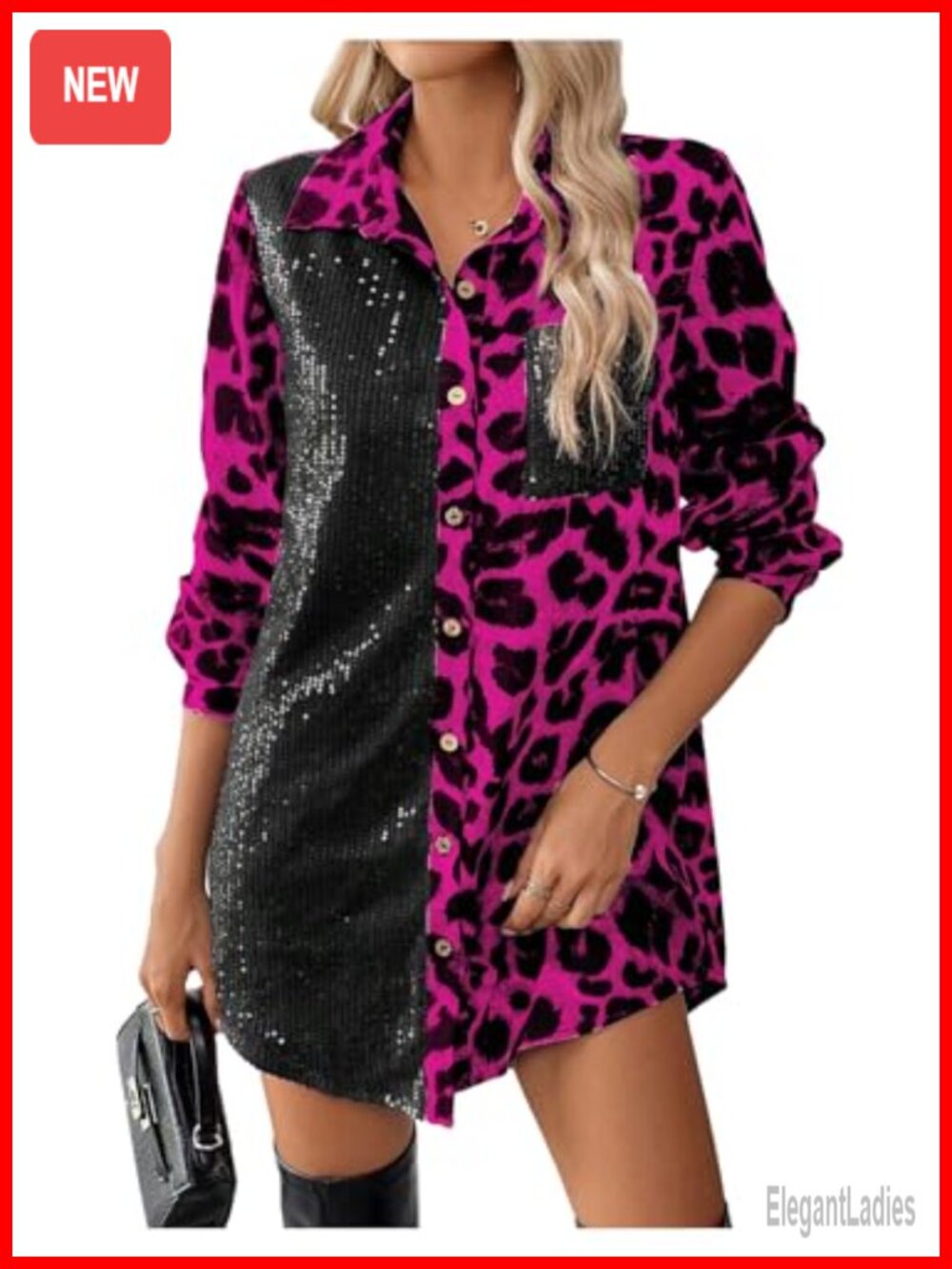 Y2k Sequin Leopard Print Long Sleeve Collared Blouse